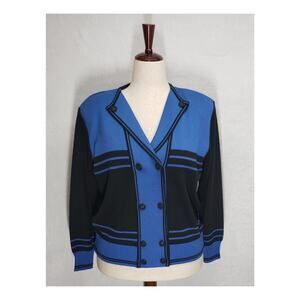 Vintage 80s Grazia Italian Knit Cardigan XL Cobalt Stripe Office Siren Preppy